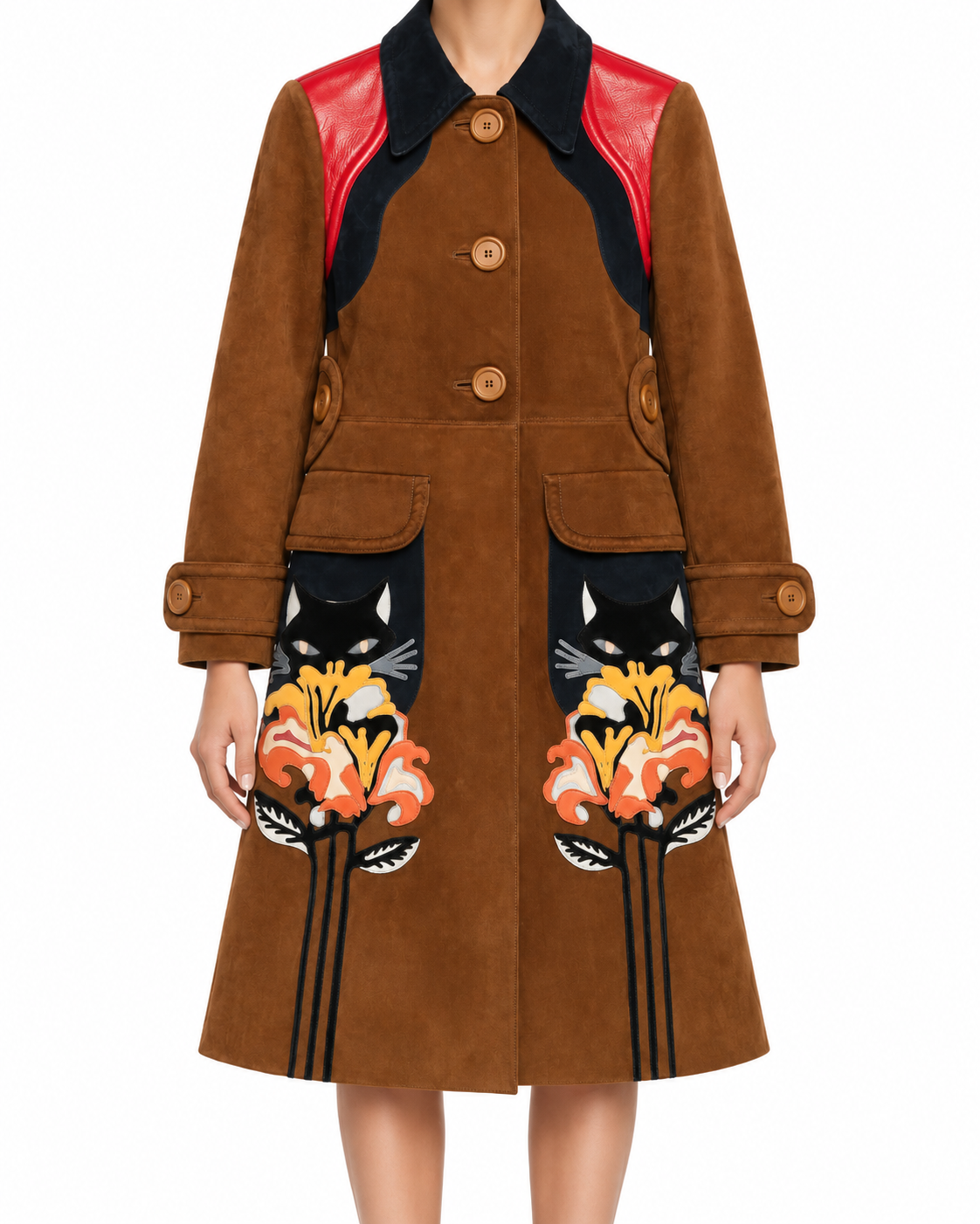 Brown suede coat with floral cat patch detailing from Miu Miu, featuring a stylish, textured design and classic coat silhouette.