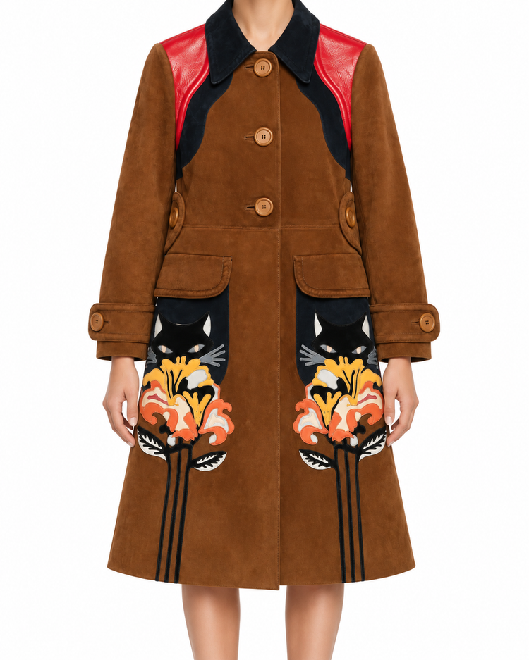 Brown suede coat with floral cat patch detailing from Miu Miu, featuring a stylish, textured design and classic coat silhouette.