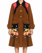 Brown suede coat with floral cat patch detailing from Miu Miu, featuring a stylish, textured design and classic coat silhouette.