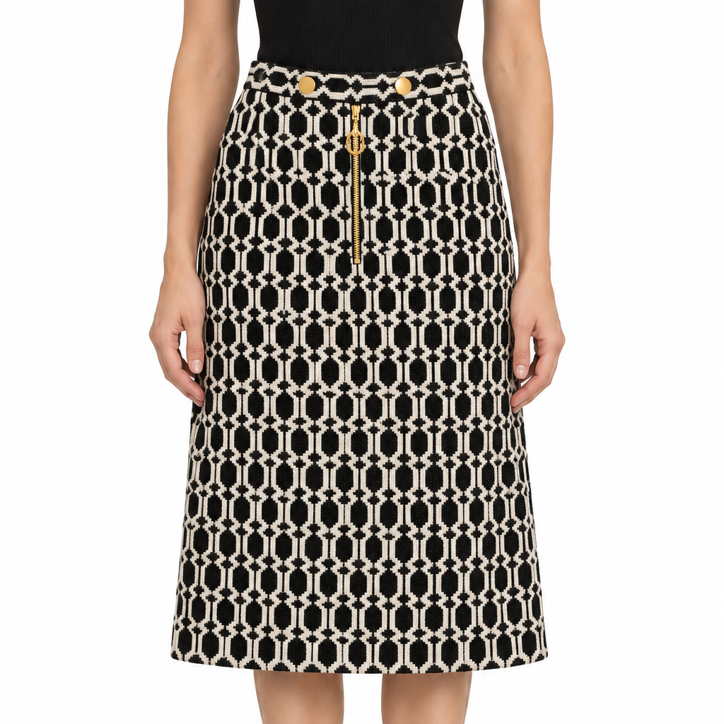 Gucci monochrome optical tweed skirt with tailored fit and textured fabric, shown on a model.