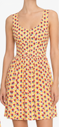 Yellow floral Prada dress with a fitted bodice and flowing skirt, featuring vibrant flower patterns and elegant design.