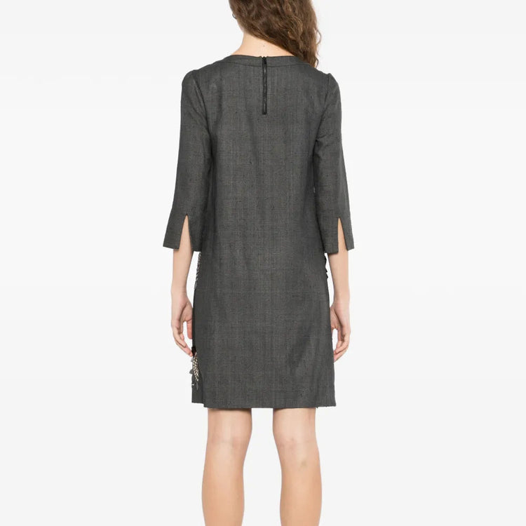 Chloé 2006 embellished leaf gray silk dress with intricate leaf embroidery and elegant draping, displayed on a mannequin.