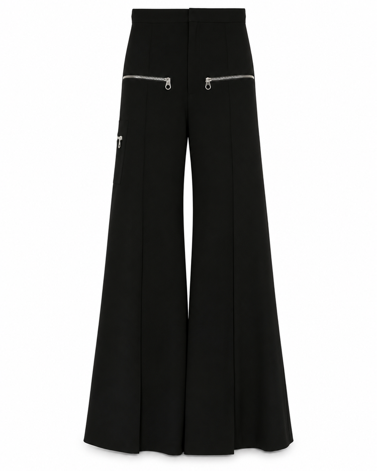 Chloé flared zip trousers featuring high waist, sleek fabric, and stylish design, shown on a model.