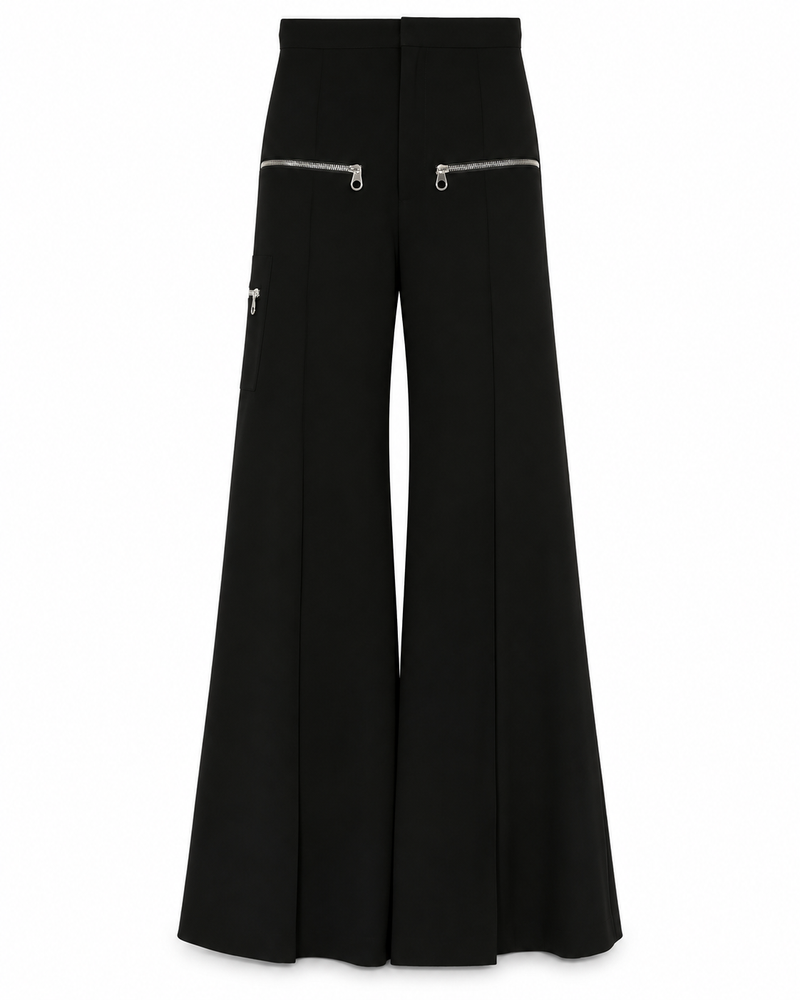 Chloé flared zip trousers featuring high waist, sleek fabric, and stylish design, shown on a model.