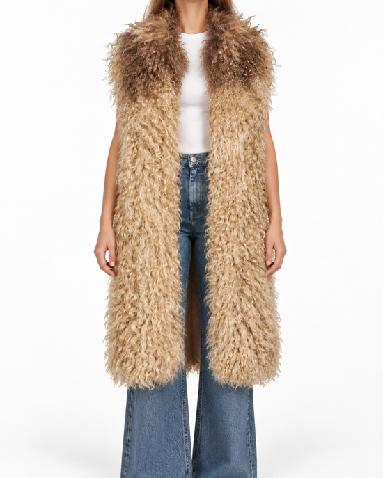 Chloé Mongolian lamb fur gilet, luxurious coat with soft, plush fur, front open design, showcased on a neutral background.