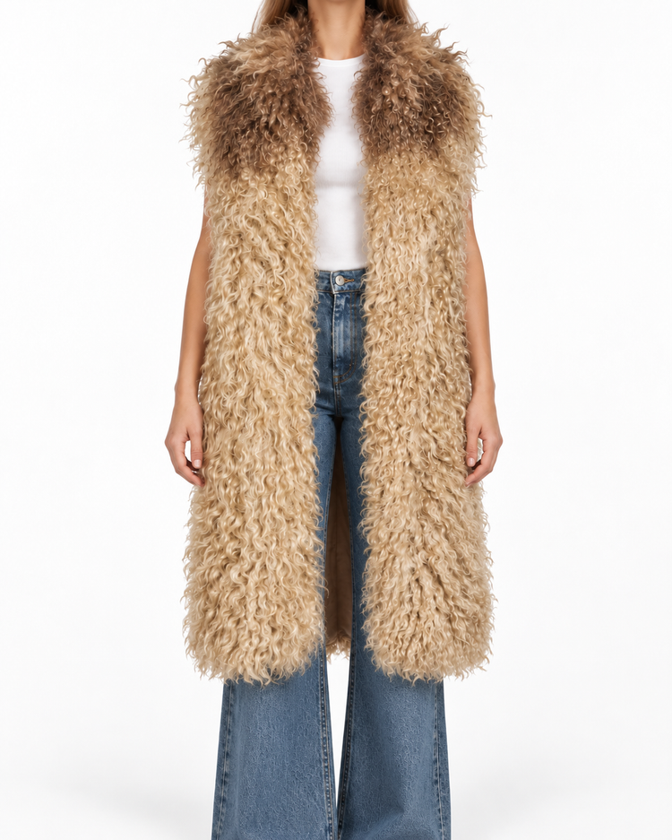 Chloé Mongolian lamb fur gilet, luxurious coat with soft, plush fur, front open design, showcased on a neutral background.