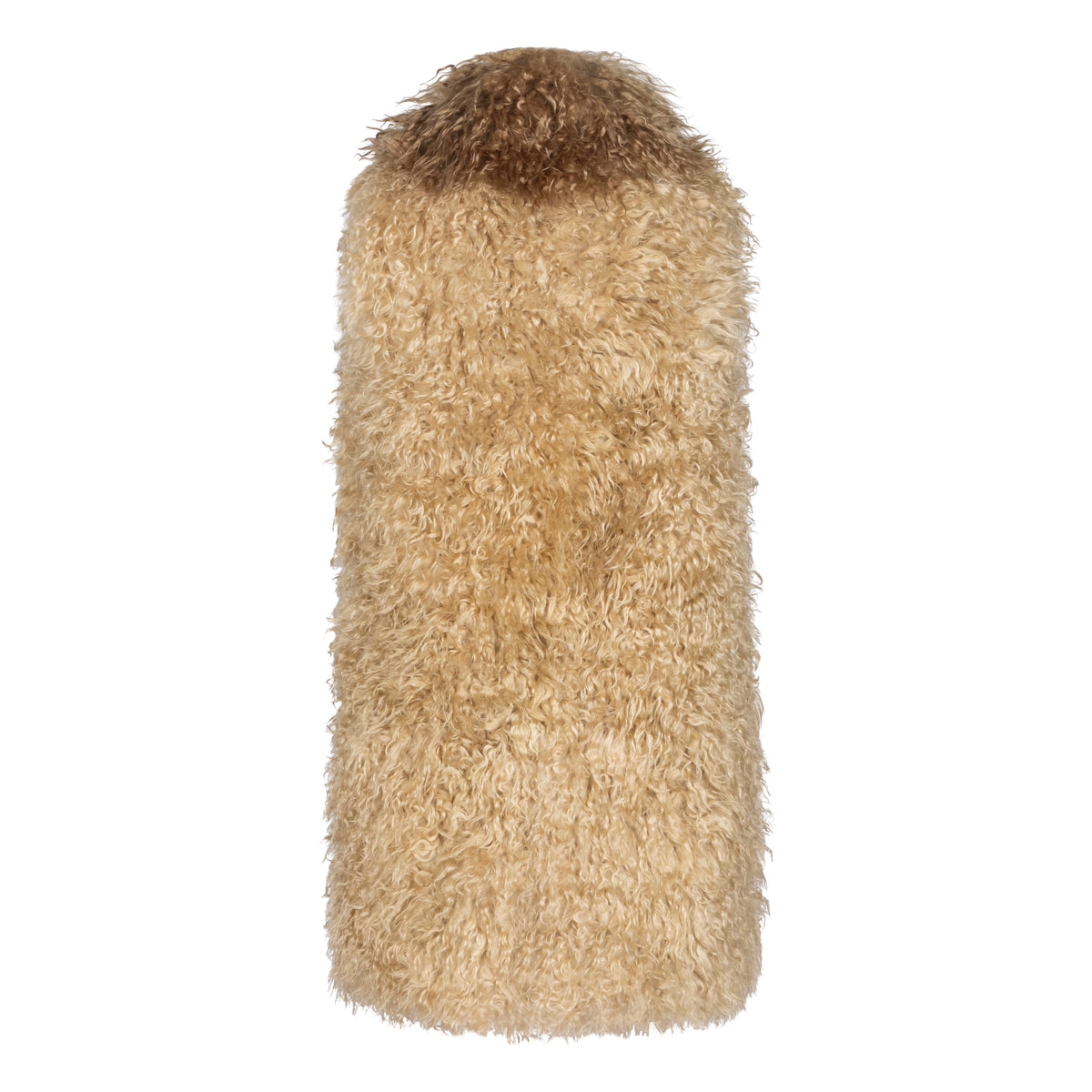 Chloé Mongolian lamb fur gilet, soft and plush coat with luxurious fur, sleeveless design, neutral color, worn open.