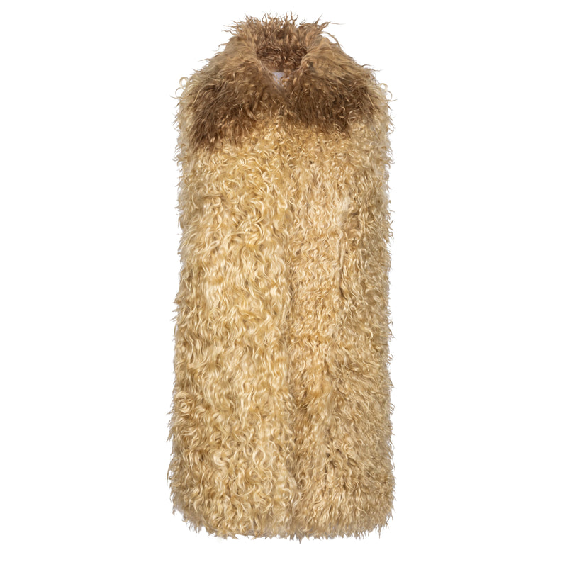 Chloé Mongolian lamb fur gilet, cozy coat with plush fur, sleeveless design, light brown color, stylish and warm outerwear.
