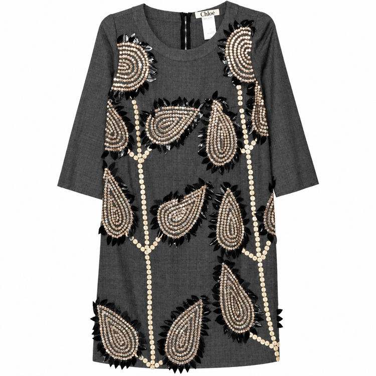 Chloé 2006 embellished leaf gray silk dress featuring intricate leaf embroidery and elegant flowing fabric.