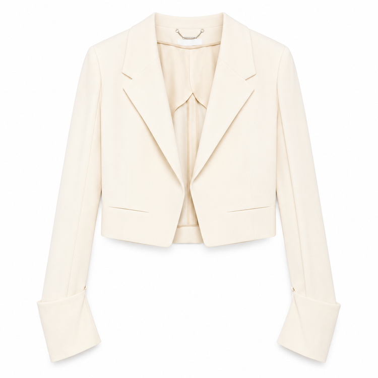Cream cropped blazer by Chloé, tailored fit with structured lapels and long sleeves, styled on a mannequin.
