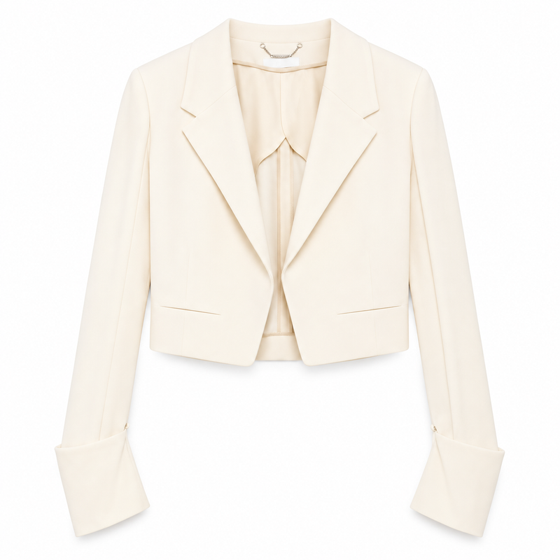 Chloé cream cropped blazer with notched lapels, long sleeves, open front, welt pockets and extended split cuffs.