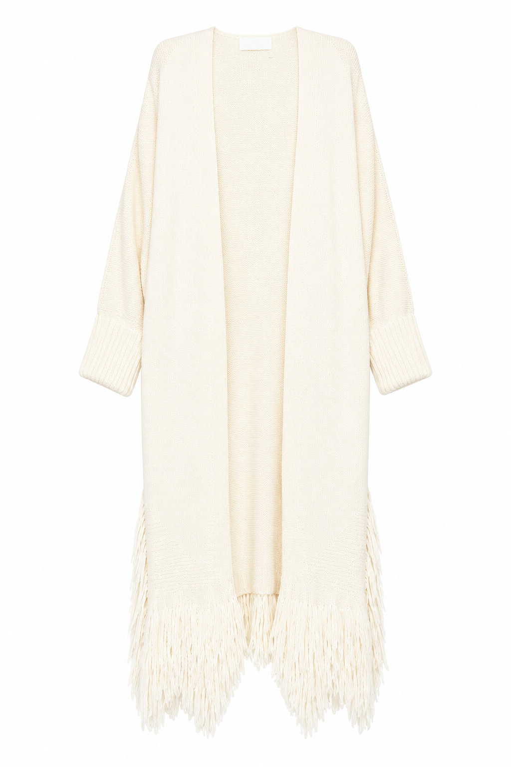 Chloé cream longline knit cardigan with open front, dropped shoulders, wide ribbed cuffs and statement fringe hem.