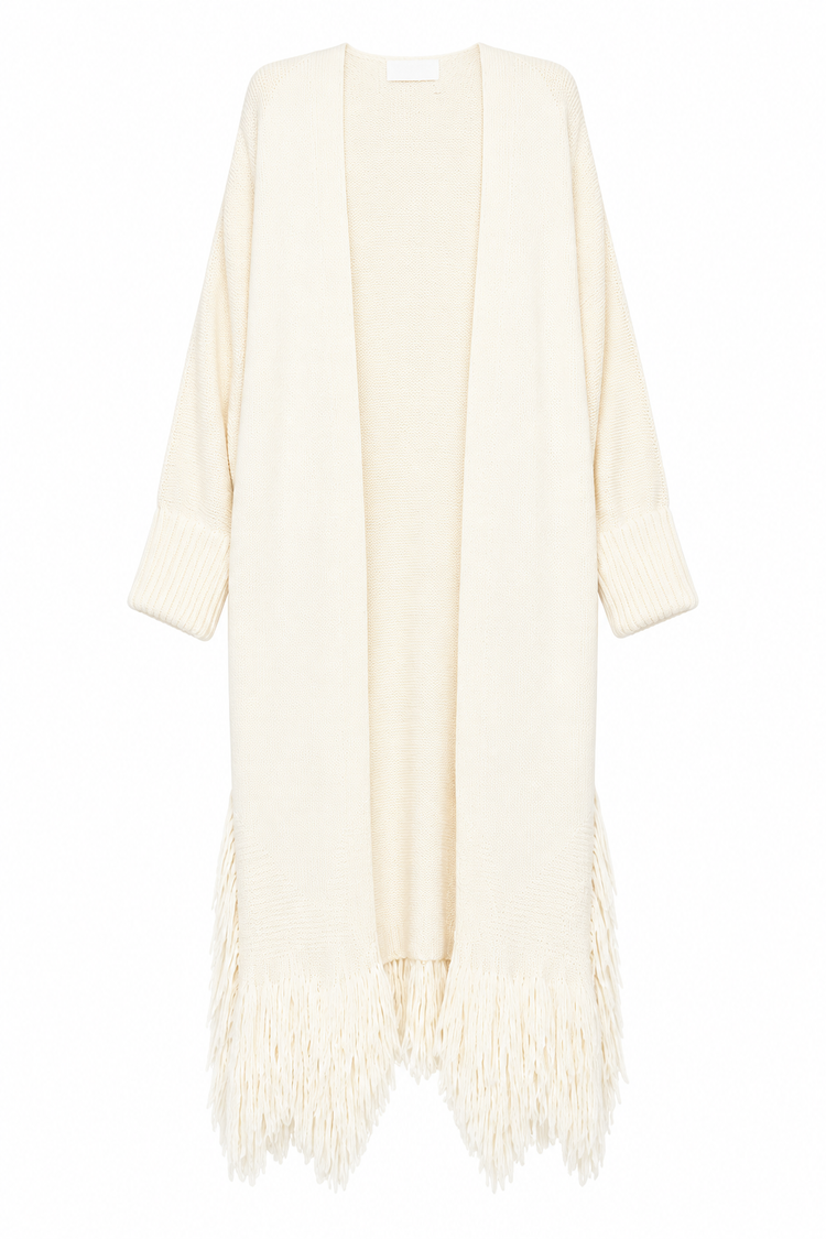 Chloé cream longline knit cardigan with open front, dropped shoulders, wide ribbed cuffs and statement fringe hem.