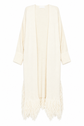 Chloé cream longline knit cardigan with open front, dropped shoulders, wide ribbed cuffs and statement fringe hem.