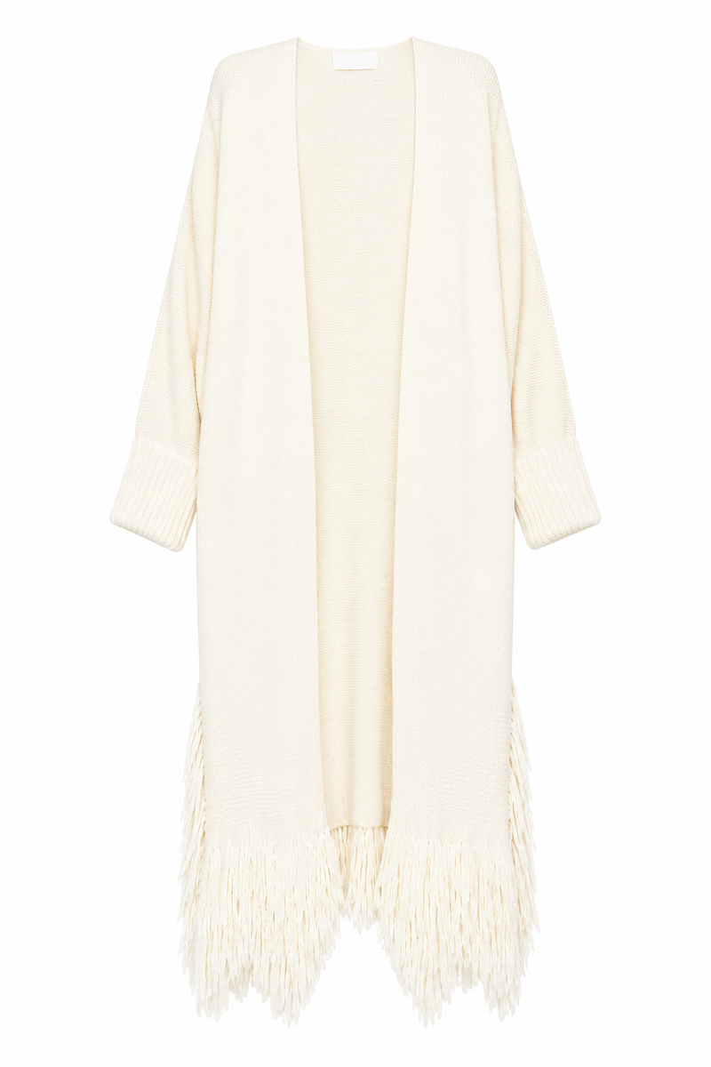 Cream fringe long cardigan by Chloé, featuring a longline knit design with tassel details, styled for a cozy, elegant look.
