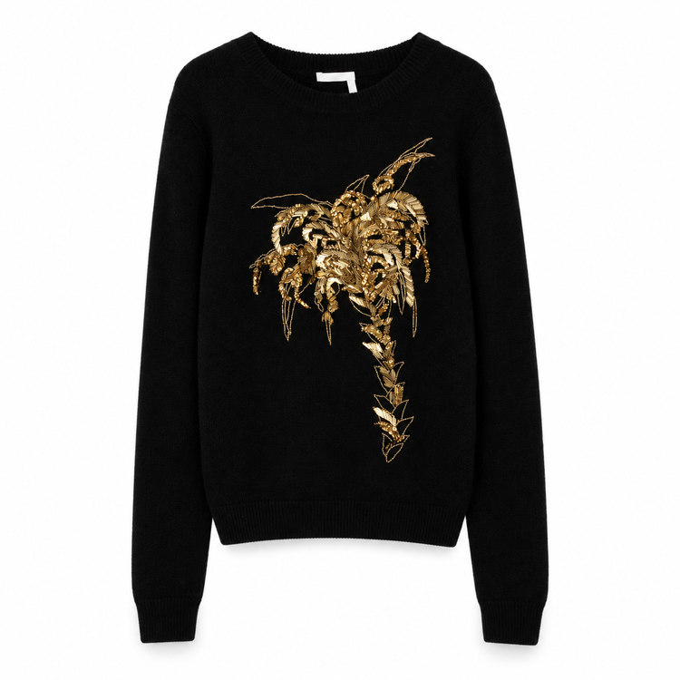 Chloé black knit sweater with long sleeves, crew neckline and ornate gold-tone botanical beaded and embroidered embellishment across the front.