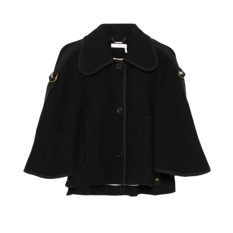 Chloé black wool cape-collar coat with oversized rounded collar, button front, welt pockets and gold-tone D-ring shoulder detailing.
