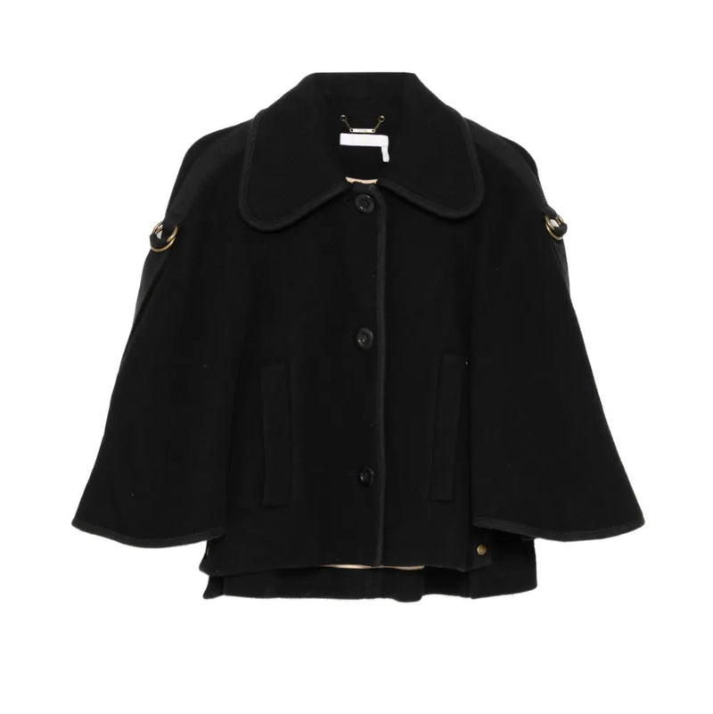 Chloé black cape-collar coat with wide collar and tailored fit, stylish outerwear for cold weather.