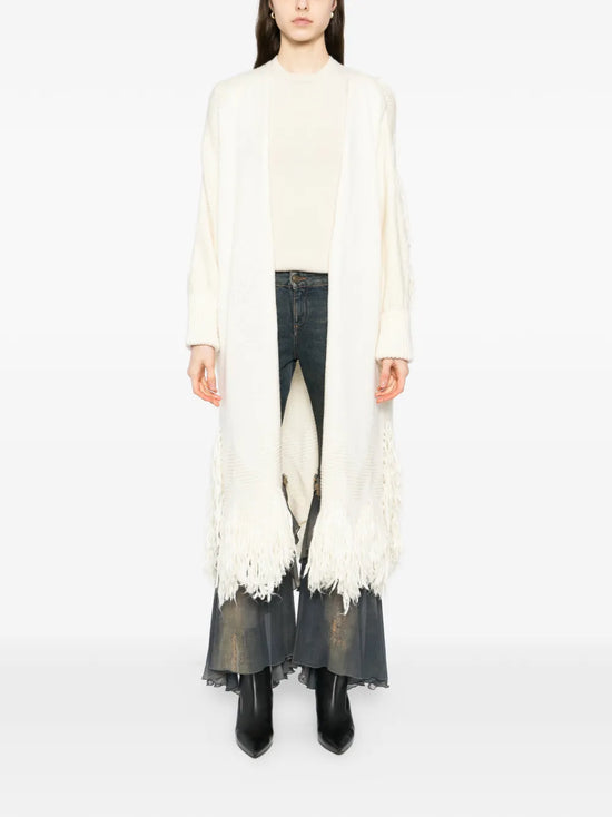 Cream Fringe Long Cardigan