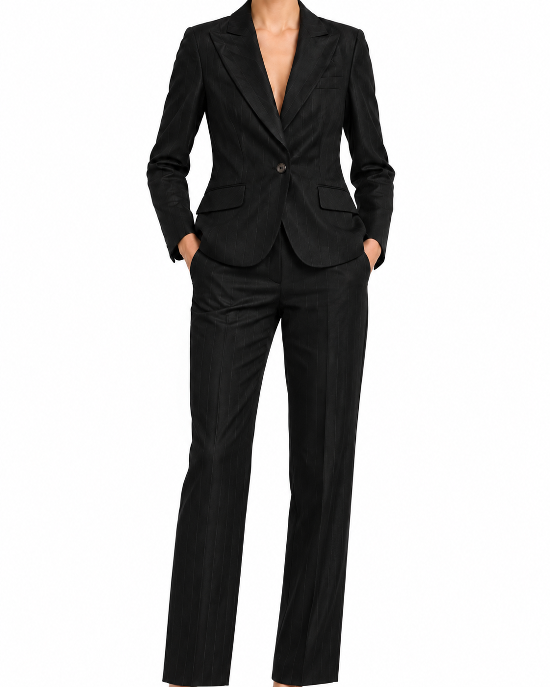 Dark wool pinstripe suit set by Dior featuring tailored blazer and matching trousers for a sophisticated professional look.
