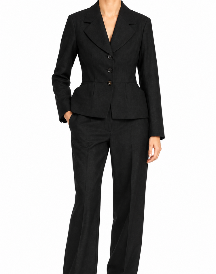 Charcoal Dior wool suit set featuring a sculpted waist blazer and matching trousers, tailored for a sophisticated look.