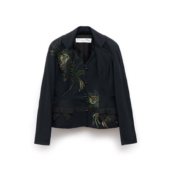 Dior peacock tailored suit set featuring a blazer and matching jacket with elegant design and detailed tailoring.