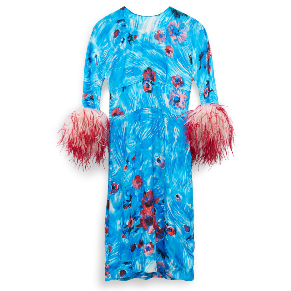 Prada 2017 feather dress, elegant sleeveless design with feather detailing, perfect for formal occasions.