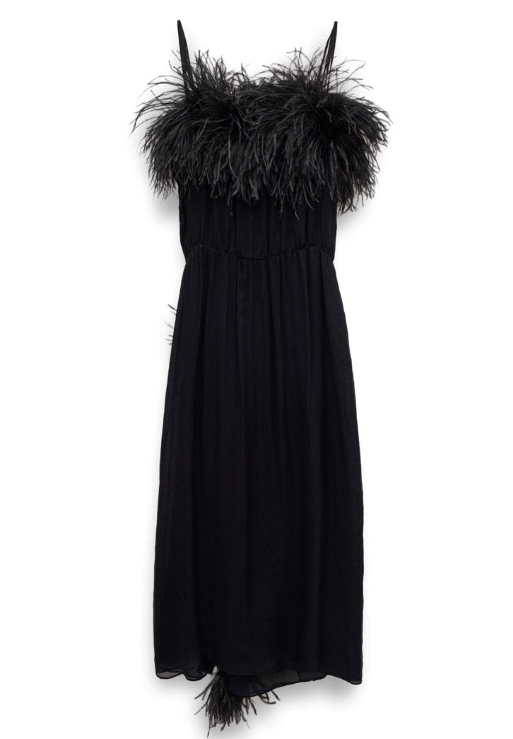 Prada feather slip dress, lightweight and elegant, featuring delicate feather details and a flowing silhouette.
