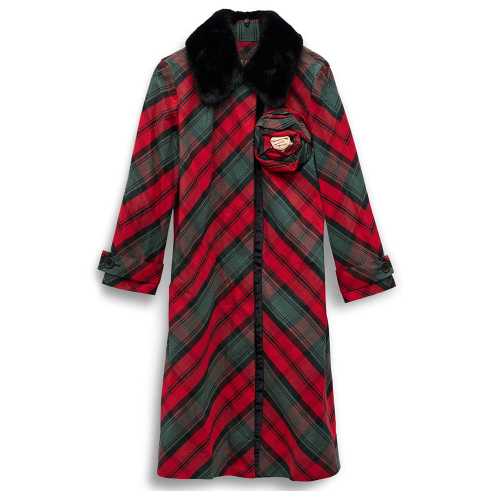 Louis Vuitton Red and green plaid coat with black fur collar 