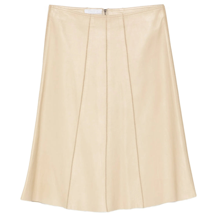 Cream leather Prada A-line skirt with a flowing silhouette and subtle stitching details, displayed on a plain background.