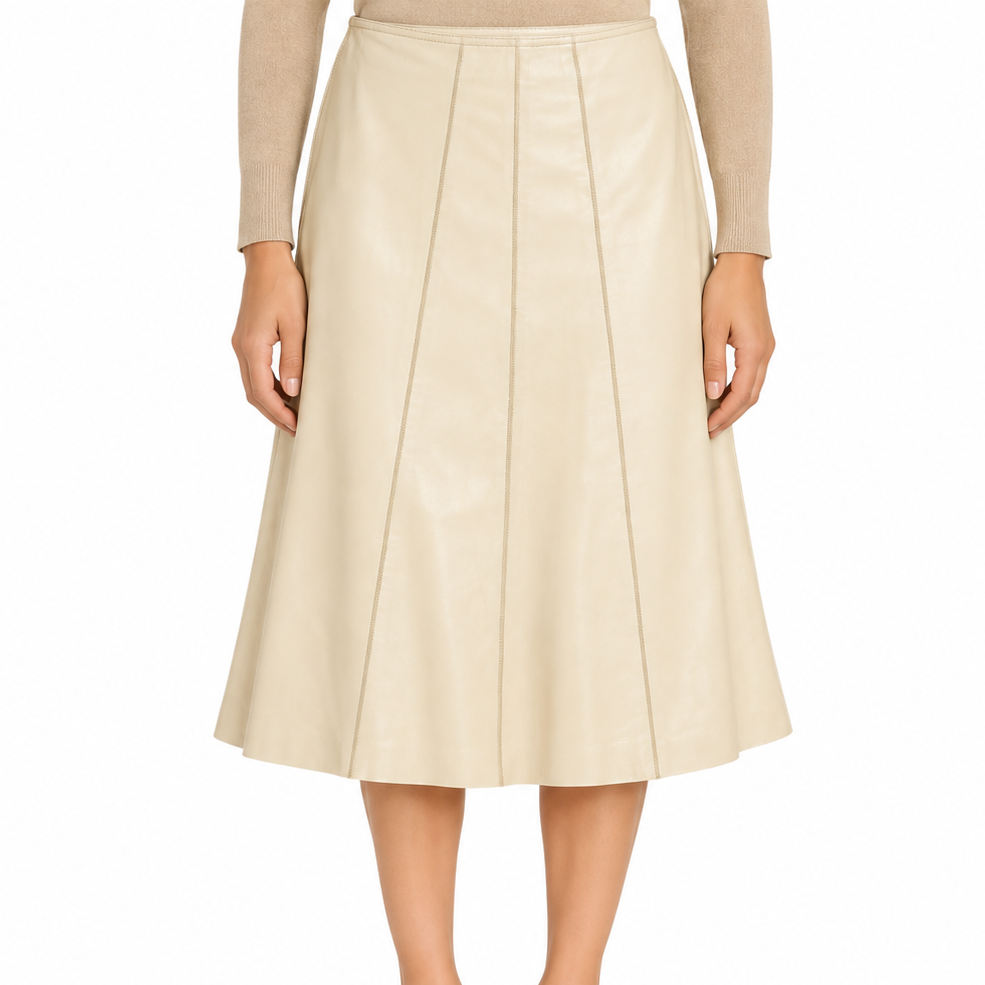 Cream leather Prada A-line skirt displayed, showcasing a smooth, elegant design with a flattering shape and classic style.