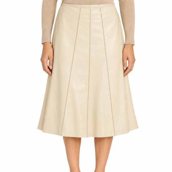 Cream leather Prada A-line skirt displayed, showcasing a smooth, elegant design with a flattering shape and classic style.