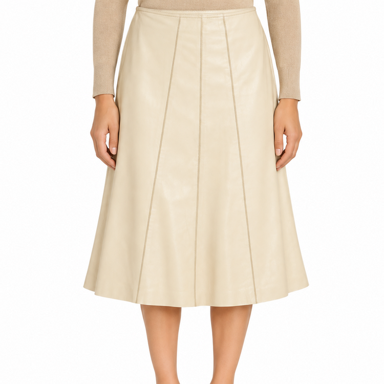 Cream leather Prada A-line skirt displayed, showcasing a smooth, elegant design with a flattering shape and classic style.