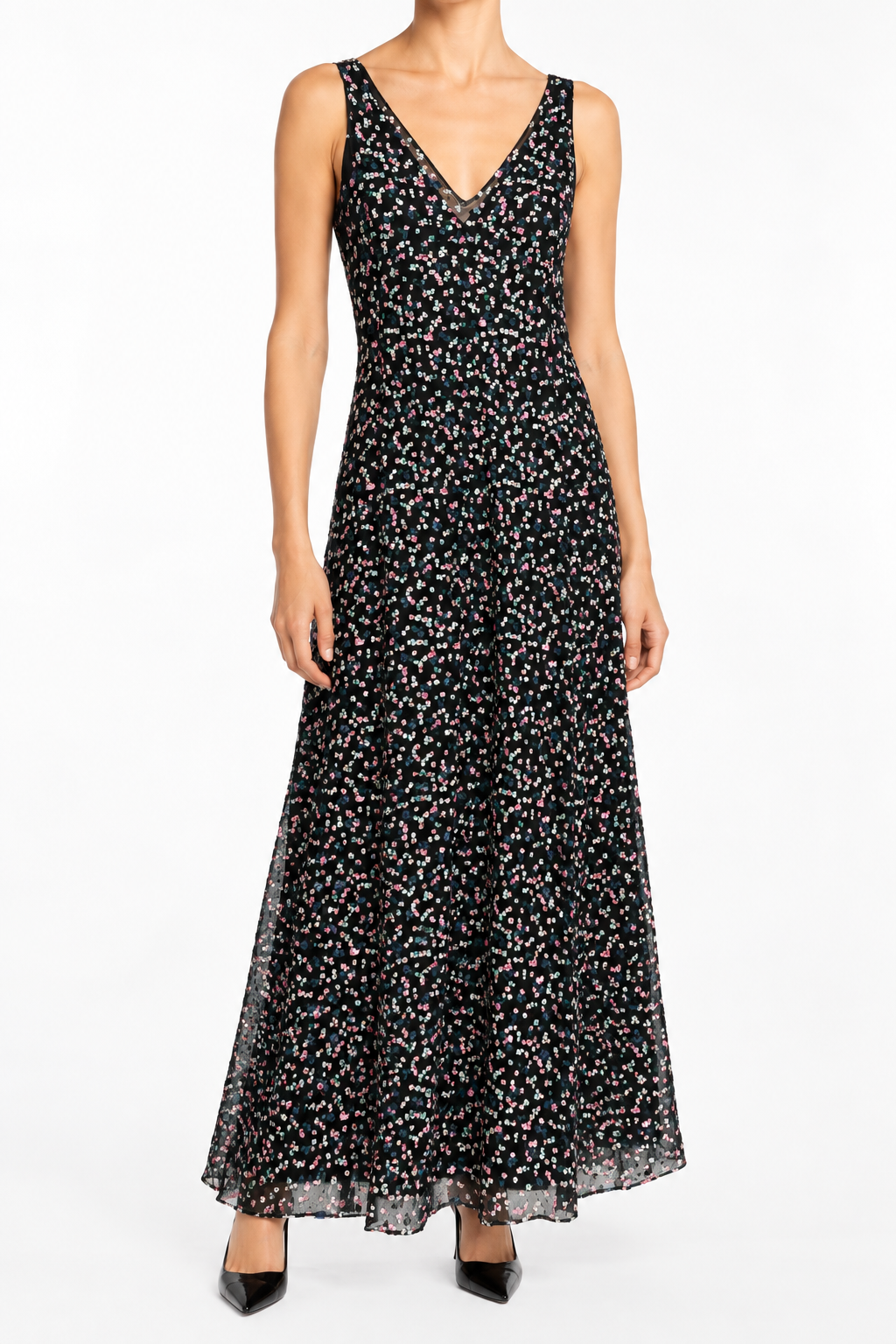 Dior sequin sleeveless blue maxi dress with elegant flowy fabric and intricate sequin details, perfect for formal occasions.