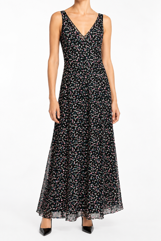 Dior sequin sleeveless blue maxi dress with elegant flowy fabric and intricate sequin details, perfect for formal occasions.