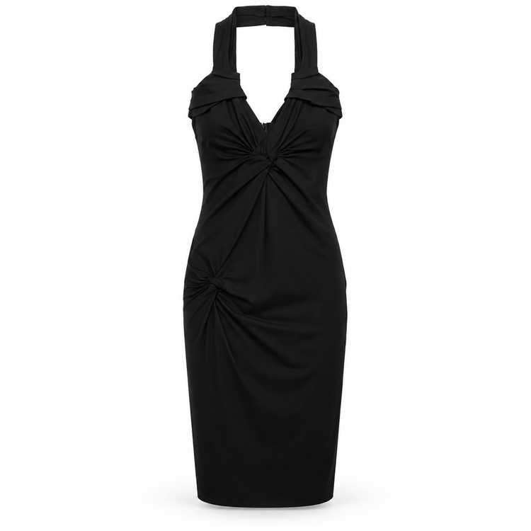 Black Dior halter neck cotton dress displayed on a hanger, showcasing its stylish design and elegant silhouette.