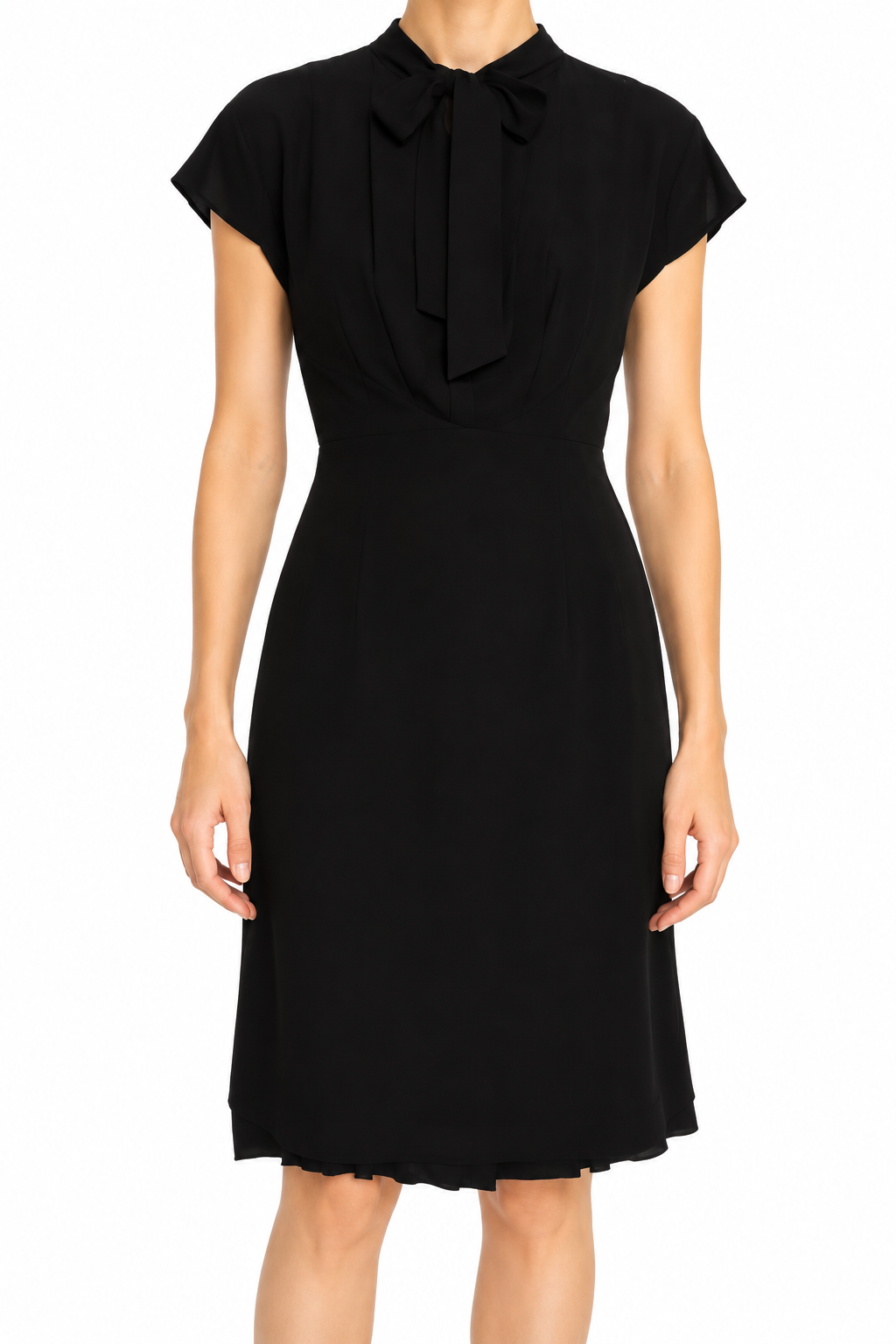 Dior black short sleeve dress with a draped neckline, tie-neck detail, fitted waist and straight short-length silhouette.
