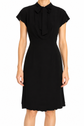 Dior black short sleeve dress with a draped neckline, tie-neck detail, fitted waist and straight short-length silhouette.