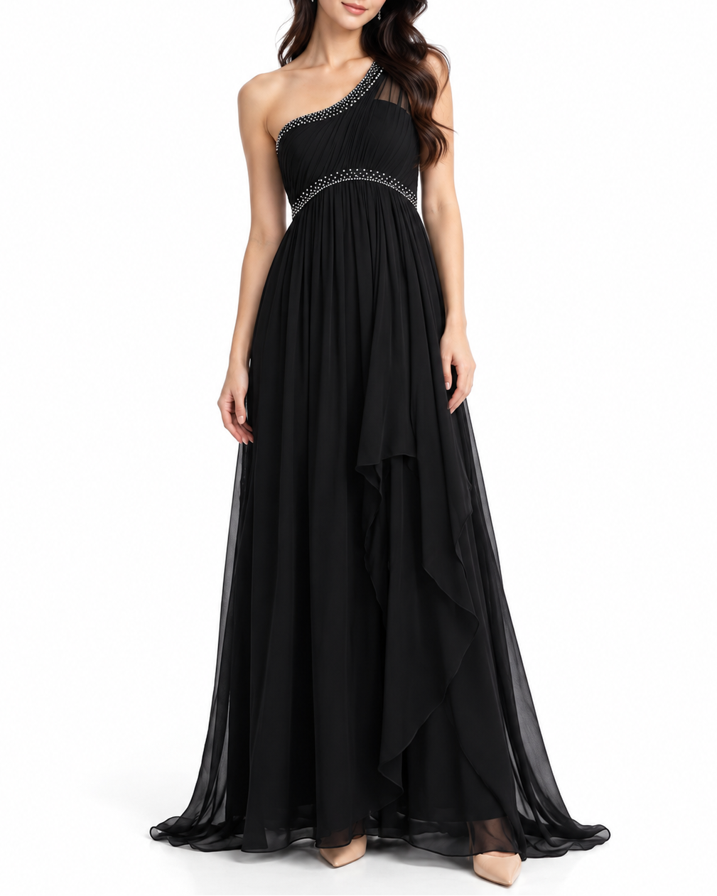Black Dior silk tulle evening dress featuring a one-shoulder design and elegant flowing silhouette.