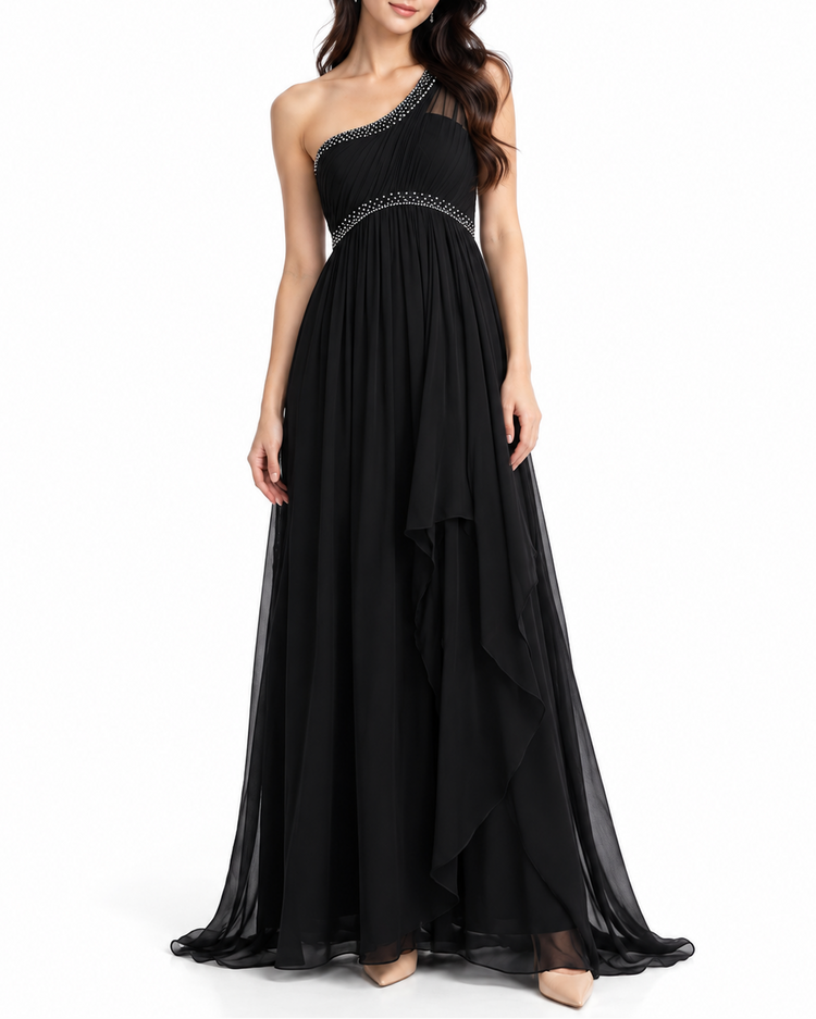 Black Dior silk tulle evening dress featuring a one-shoulder design and elegant flowing silhouette.