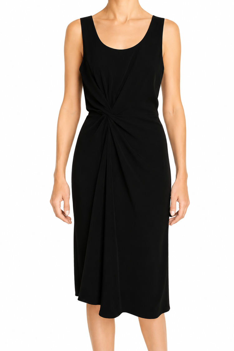 Black Dior sleeveless draped dress featuring elegant fabric and sophisticated design, perfect for formal occasions.