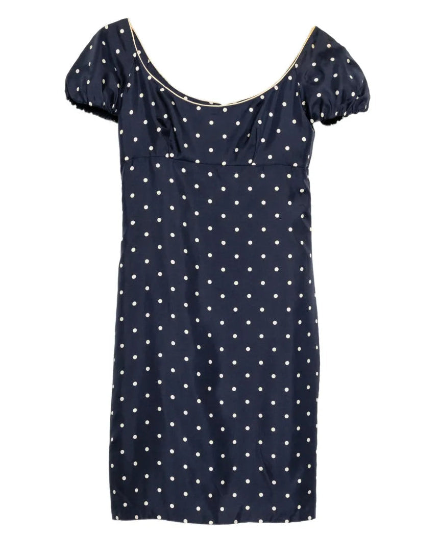 Dior polka dot dress featuring a classic pattern, fitted silhouette, and elegant design, perfect for stylish occasions.