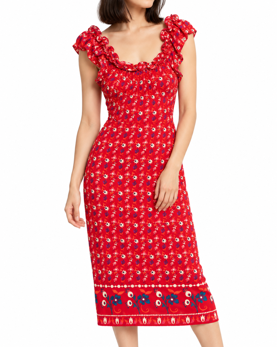 Dior floral silk ruffled dress with a flowing silhouette and intricate ruffle details, perfect for elegant occasions.