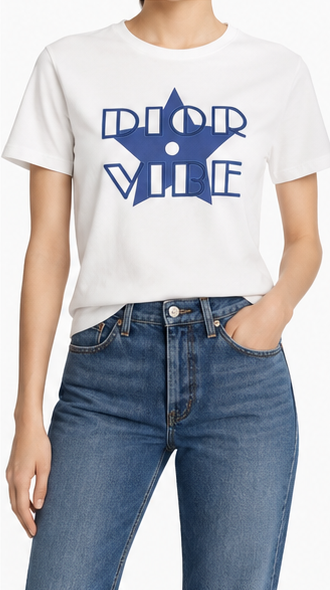 Dior graphic print white T-shirt with bold design, casual tops, featuring the Dior logo and artistic graphic on the front.