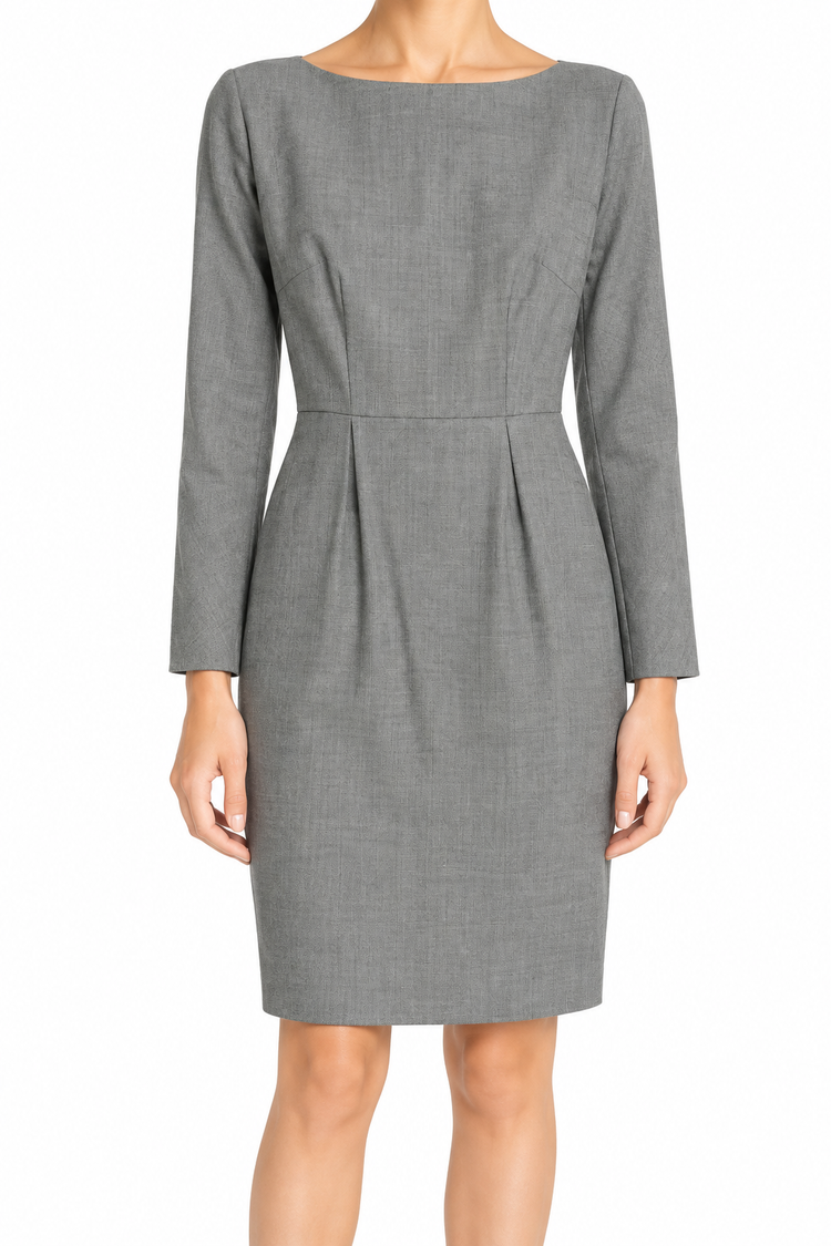 Dior grey boat neck dress with long sleeves, fitted bodice, defined waist and tailored knee-length silhouette.