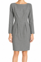 Dior grey boat neck dress with long sleeves, fitted bodice, defined waist and tailored knee-length silhouette.