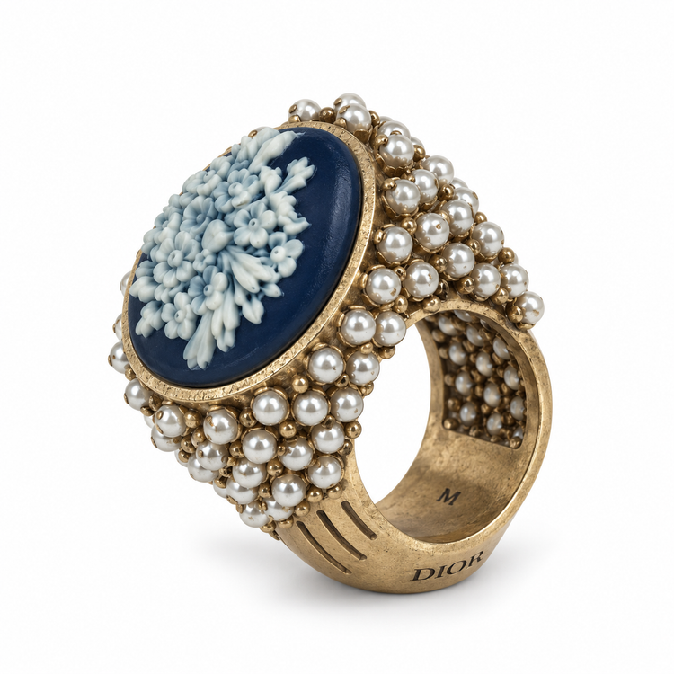 Dior ornate ring with pearls featuring intricate gold detailing and elegant design, perfect for sophisticated jewelry collection.