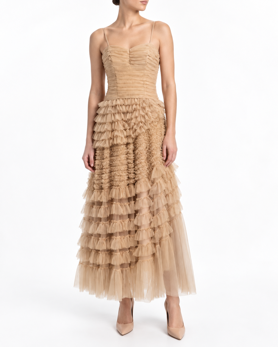 Dior powder strapless gown, elegant formal dress with a fitted bodice and flowing skirt, showcased on a mannequin.