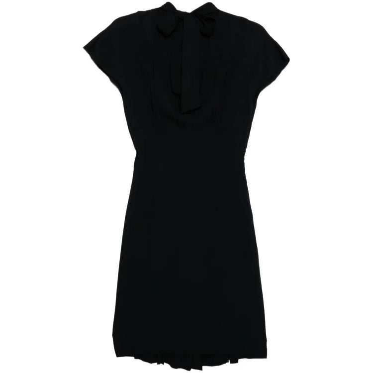 Dior black short sleeve dress with a draped neckline, tie-neck detail, fitted waist and straight short-length silhouette.