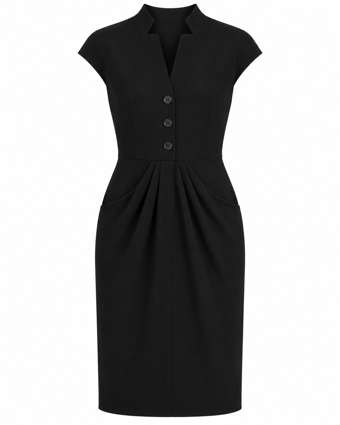 Dior tailored black wool draped dress displayed on a hanger, showcasing elegant fabric and sophisticated design details.